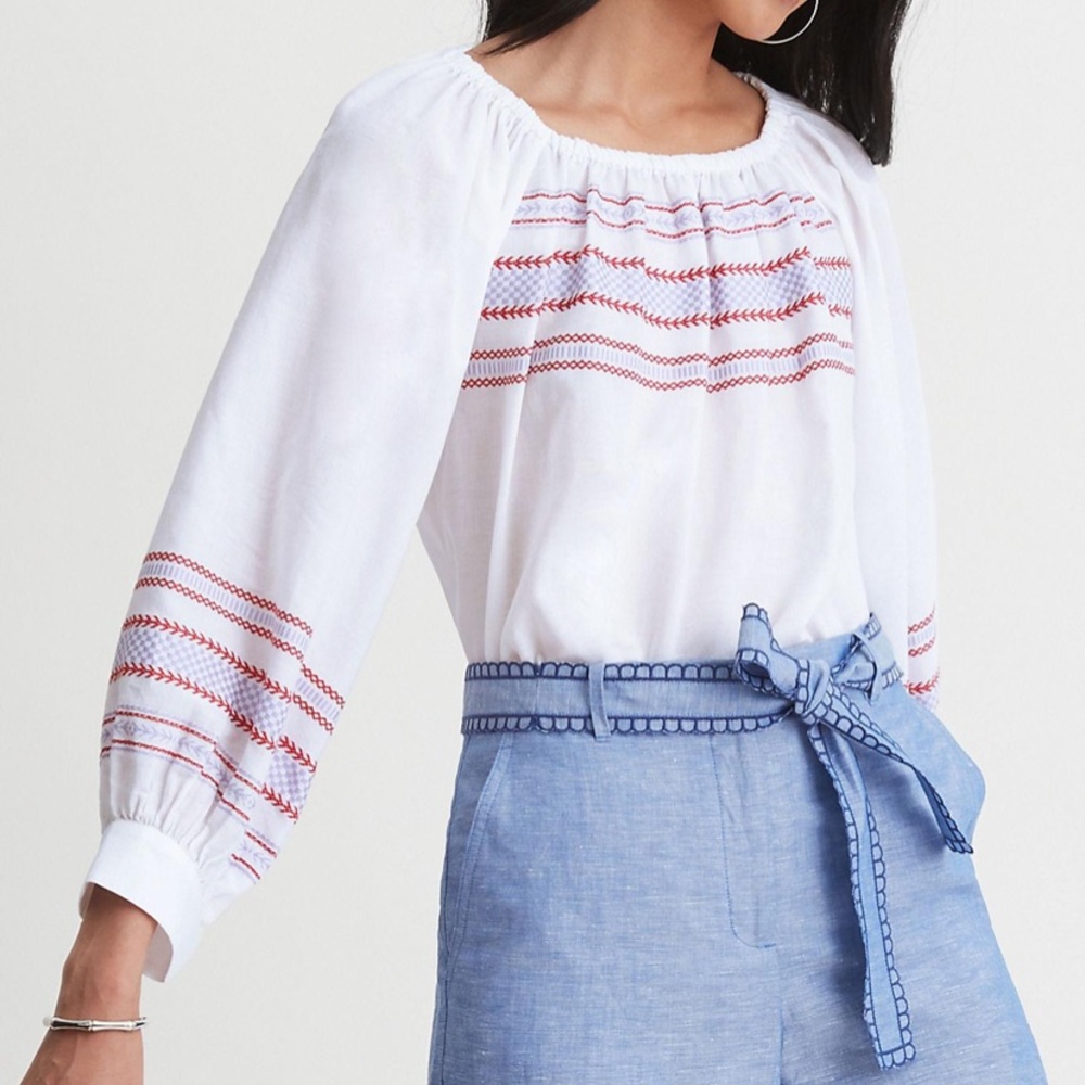 Ann Taylor Balloon Sleeve Cotton Embroidered Top